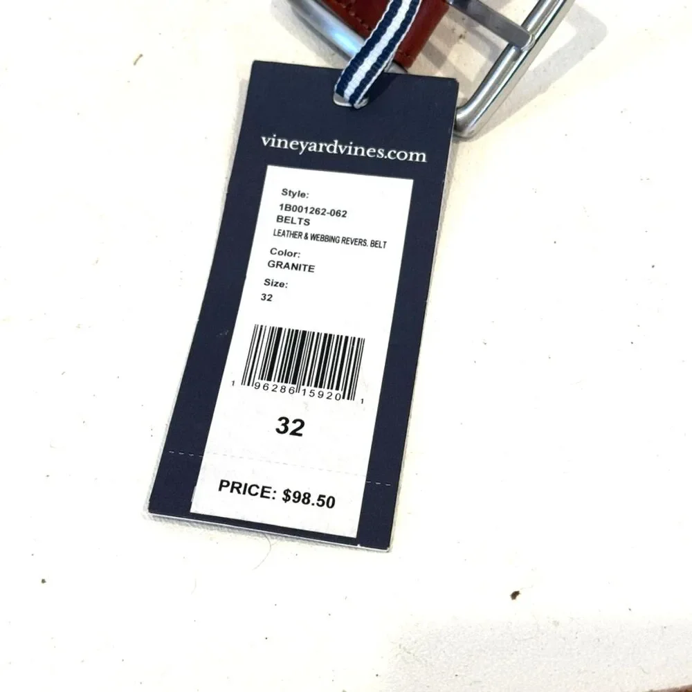 Vineyard Vines Reversible Belt Brown Leather/Granite Webbing Silver Buckle 32